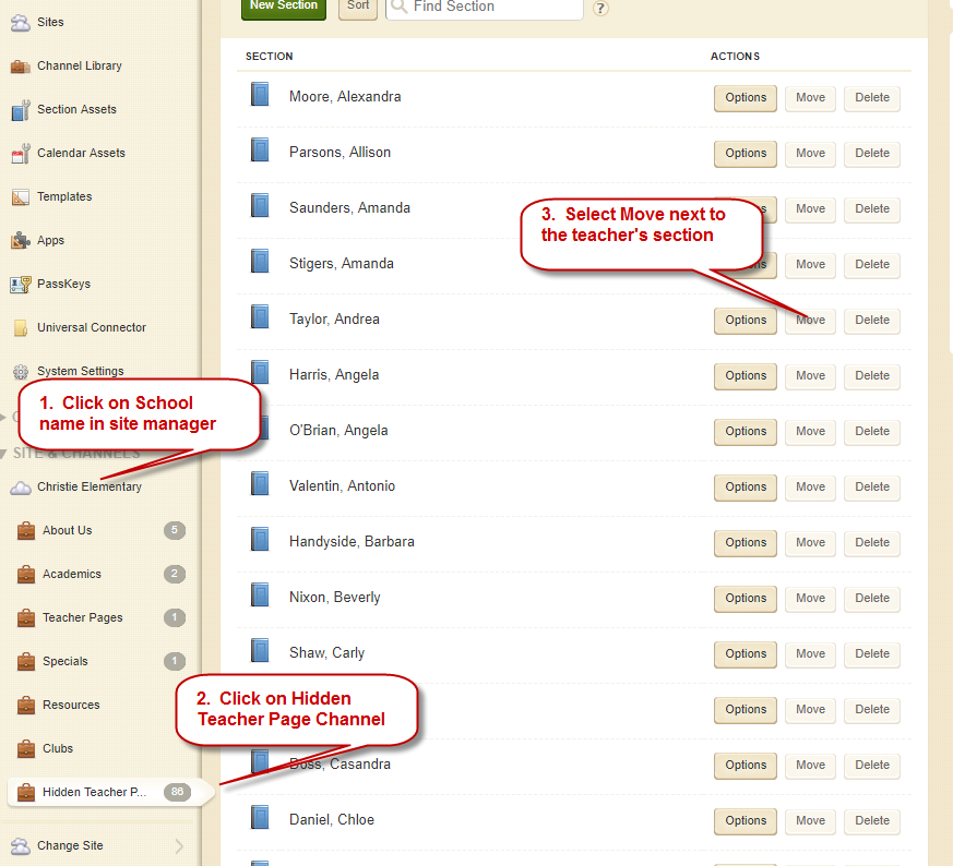 Moving Teacher Pages: Screenshot depicting steps 1 - 3 above.  